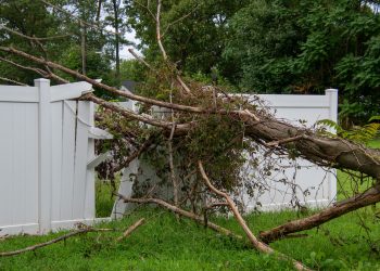 Close up of a large limb that fell off a tree destroying part of a white metal fence leaving a hole